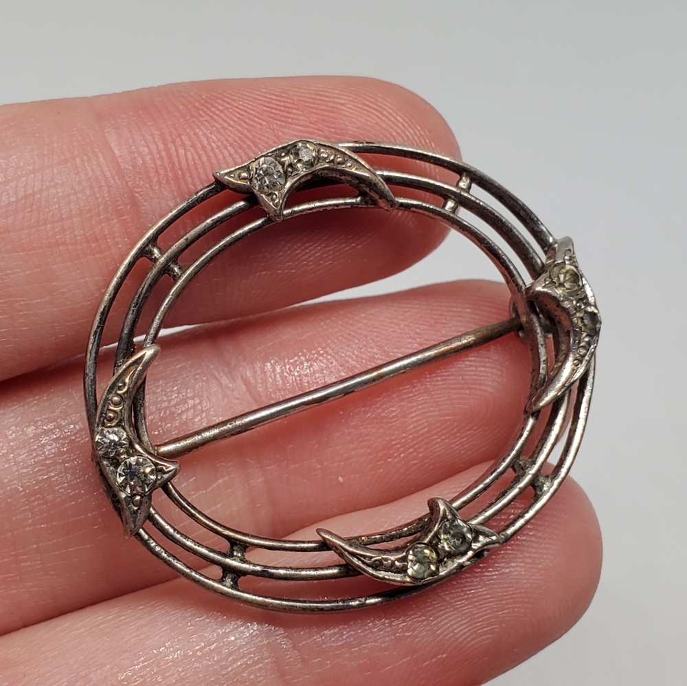 Antique Art Deco Sterling Silver Rhinestone Oval Brooch - Picture 2 of 8